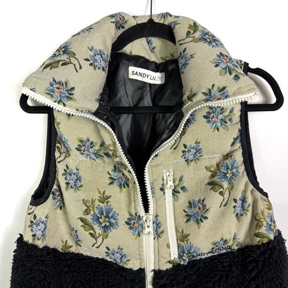Sandy Liang Dove Faux Shearling Vest Floral Sherpa Fleece Black Beige Sz S - Picture 7 of 13